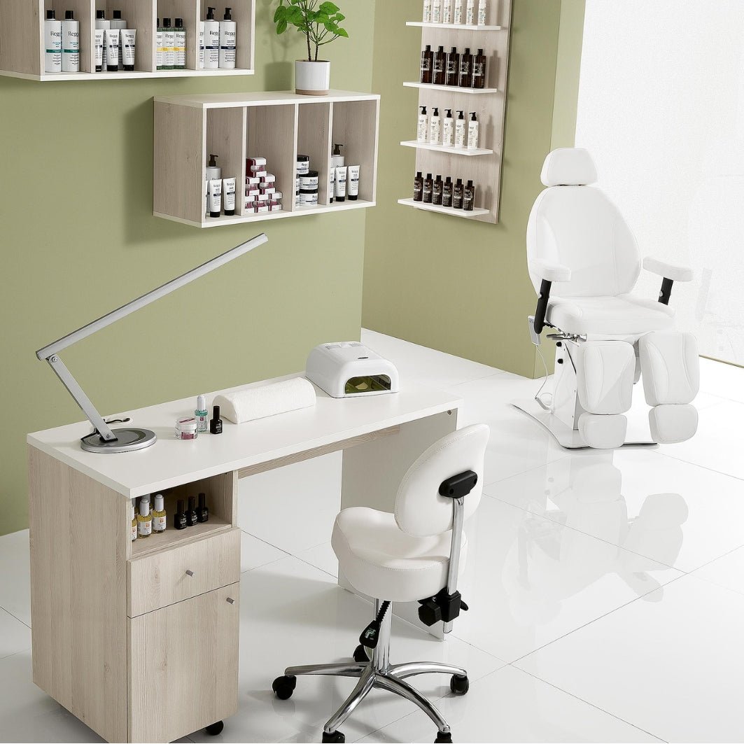 Table de Manucure LEONARDO – Larch Naturel & Blanc, avec Rangements - Xanitalia - Elegance Beauty Suisse