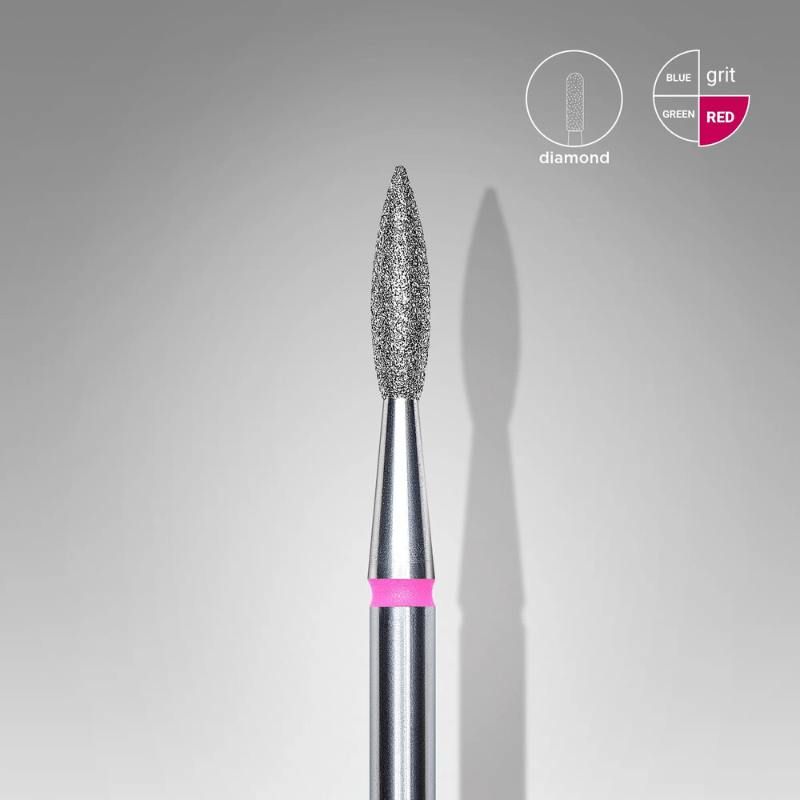 Diamond Nail Drill Bit, Pointed "Flame", Red, Head Diameter 2.1 Mm, Working Part 8 Mm - Elegance Beauty